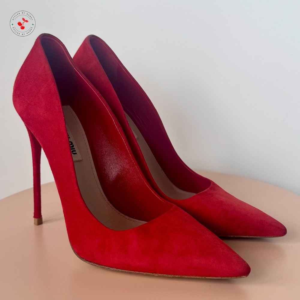 Miu Miu Suede Pointed Toe Pumps in Red